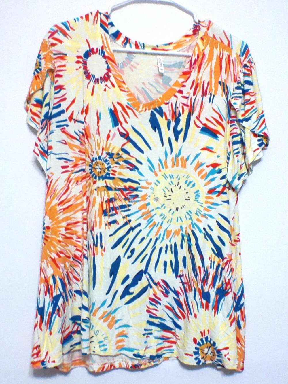 Cathy 2XL Multicolor Tie Dye Firework Print Top Short Sleeve Stretch